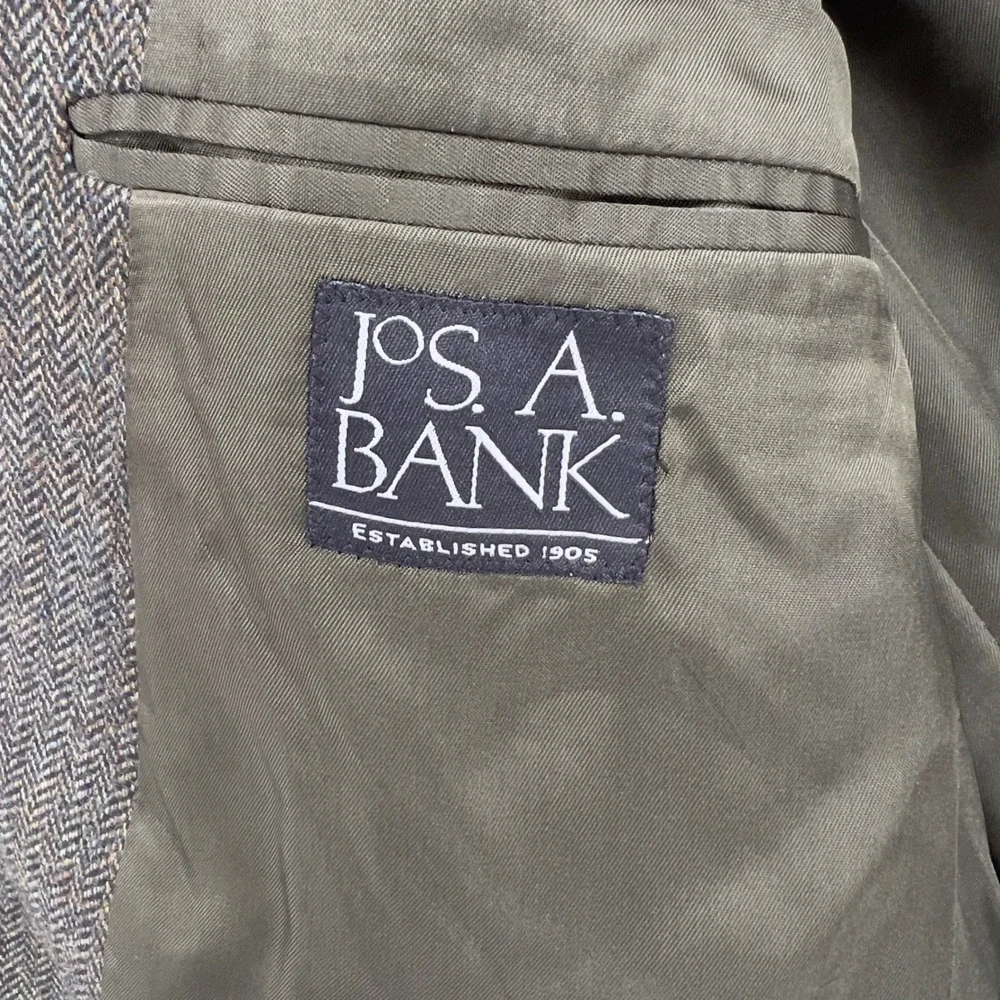 Jos. A. Bank Mens 42S Blazer Olive Green Herringbone 100% Wool Sport Coat